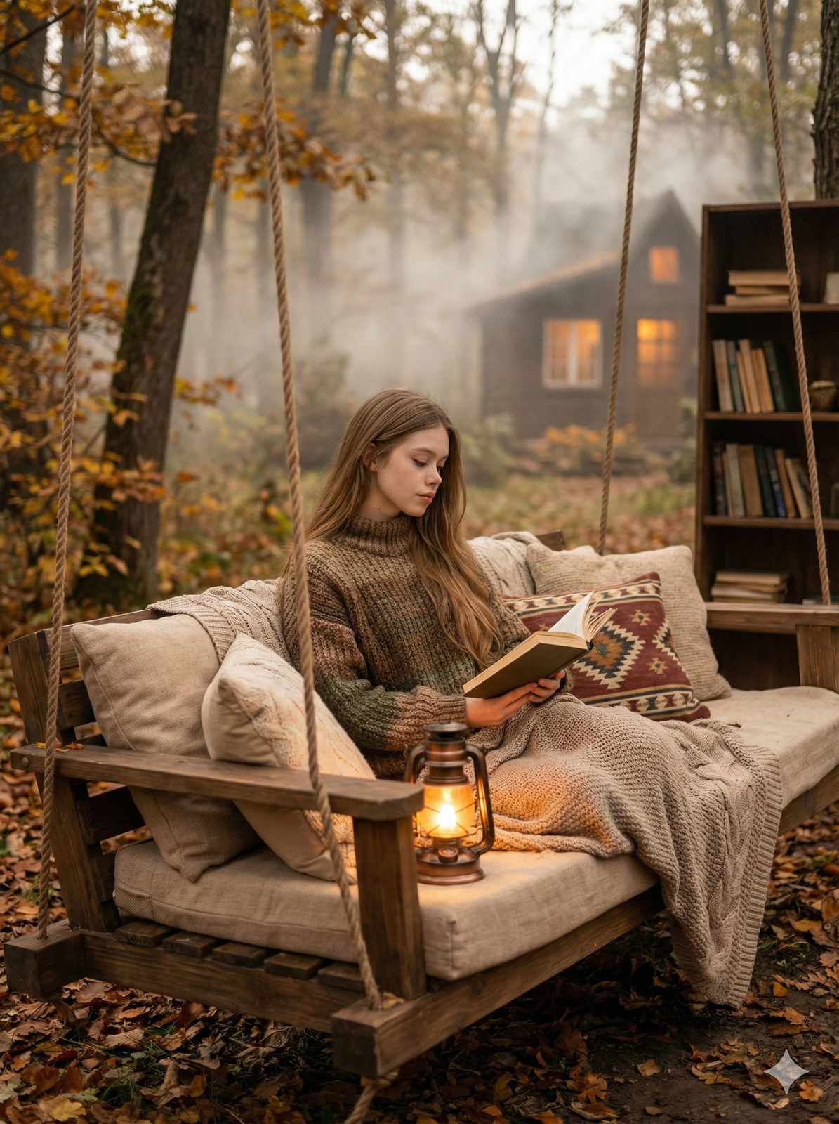 A cozy autumn forest with a rustic wooden swing bed hanging from tree branches, illuminated by soft lantern light.