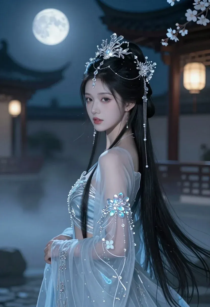 Young Woman With Long Black Hair Stands Misty Courtyard Night