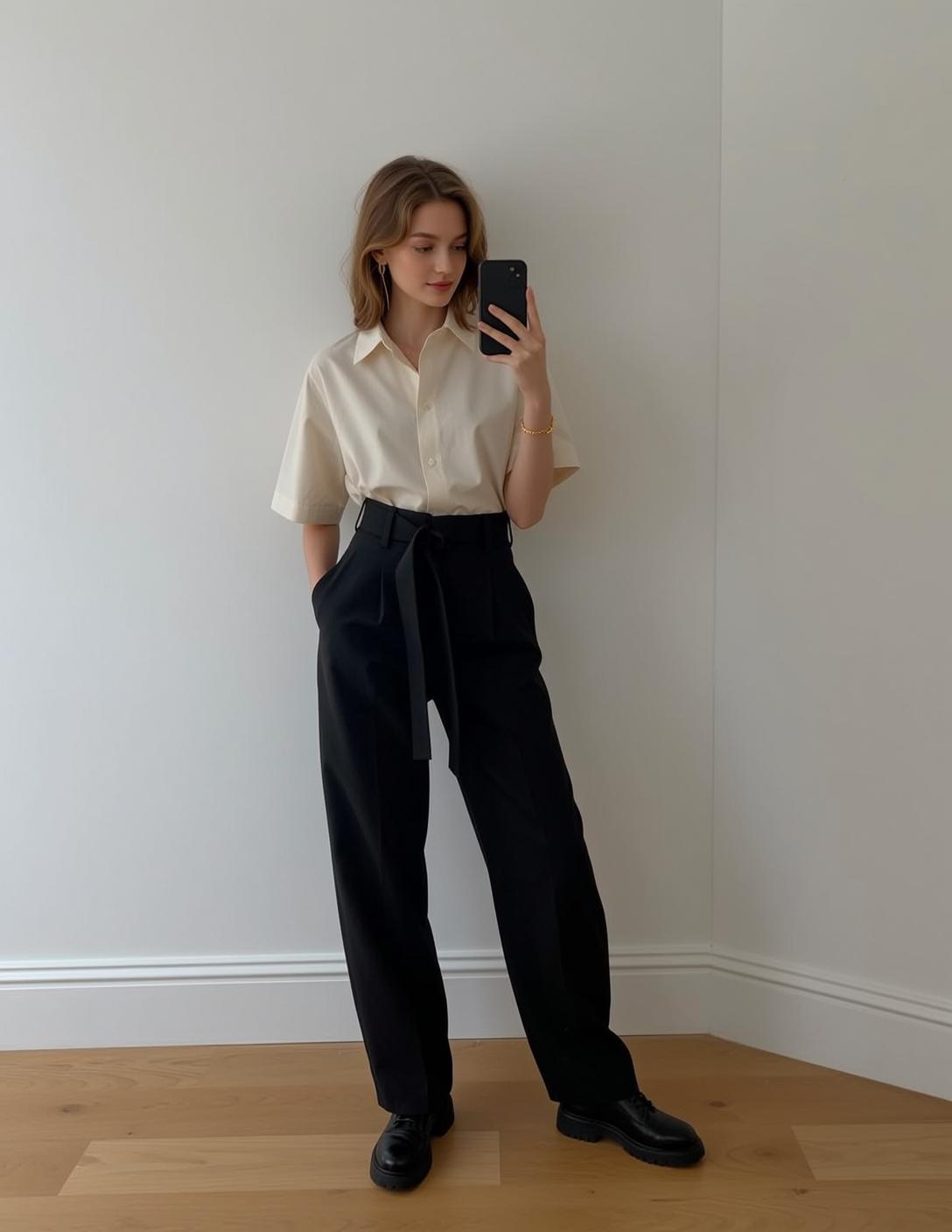 Black Shirt Wavy Hair Indoors Standing