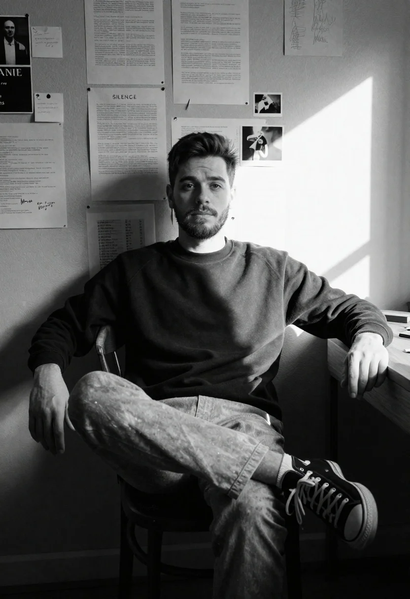 Young Man With Short Hair And Light Beard Sits Casually