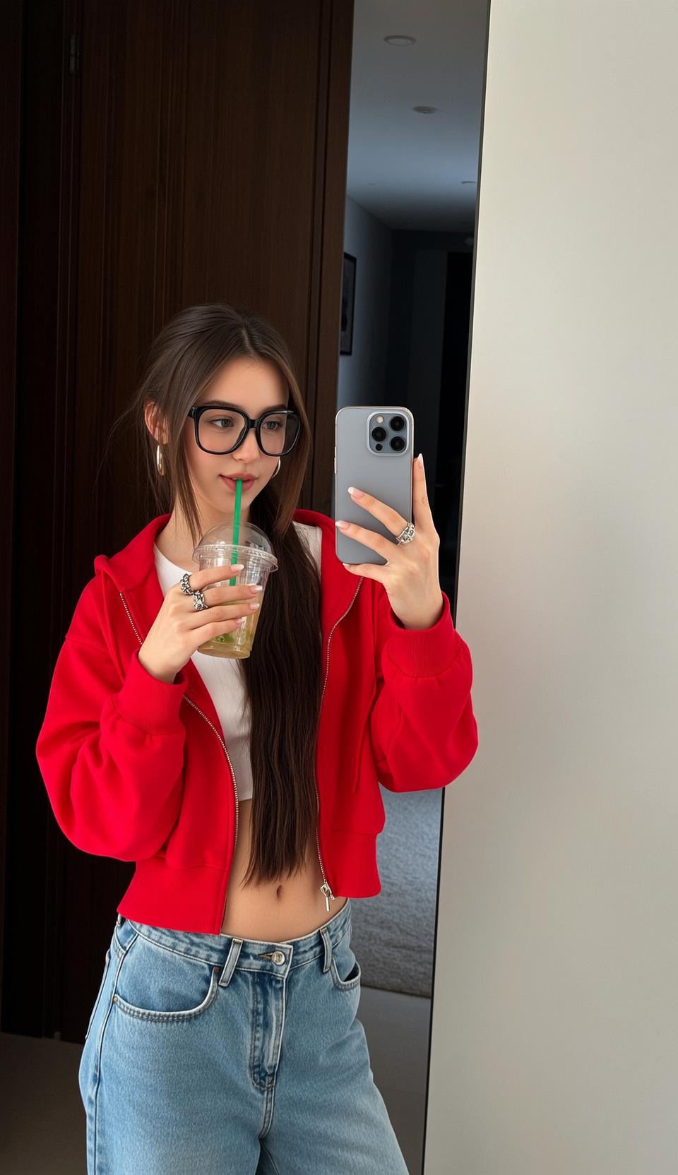 Explore Young Stands Facing Mirror Holding Smartphone
