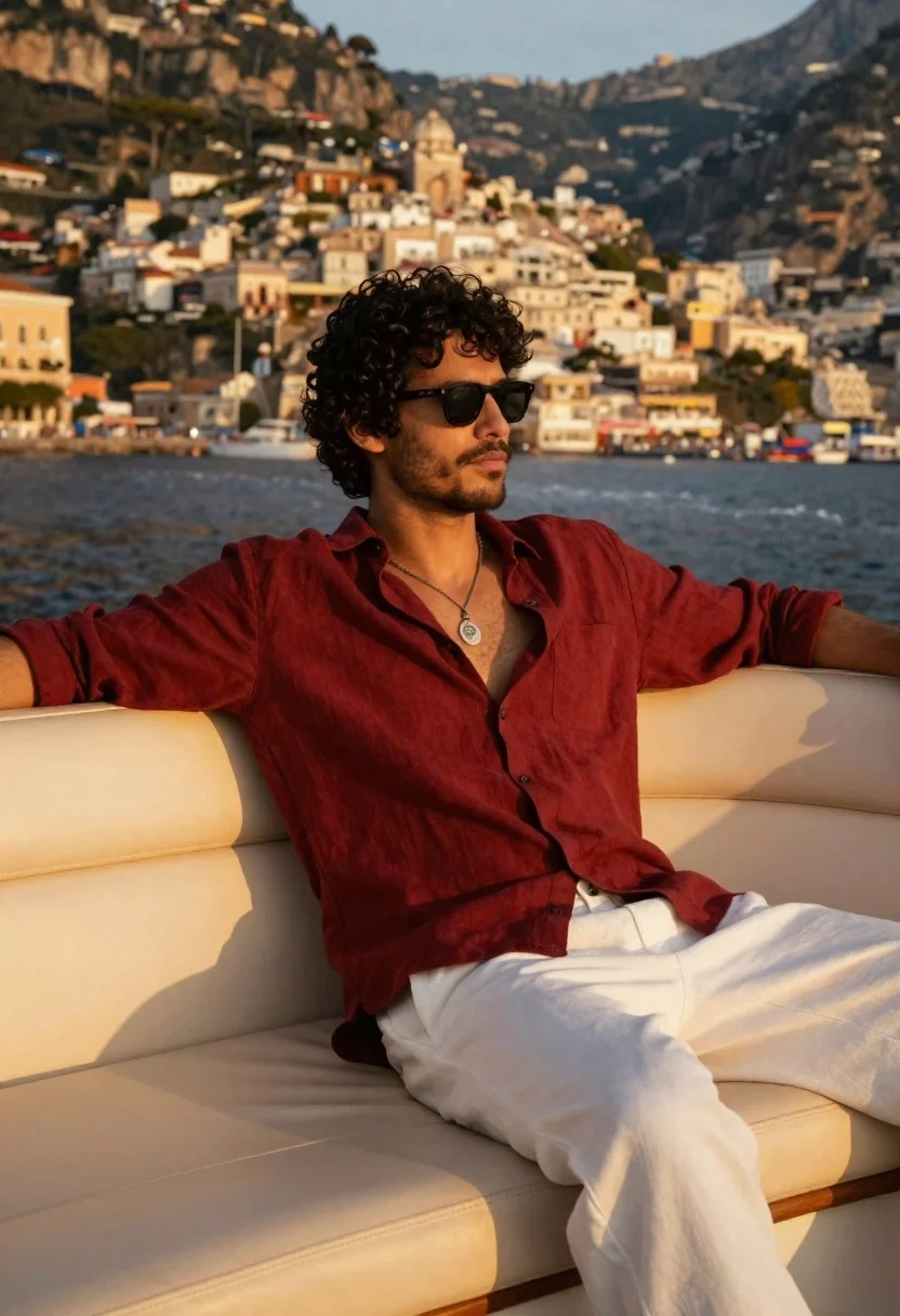 Handsome Man With Curly Dark Hair And Beard Lounges The