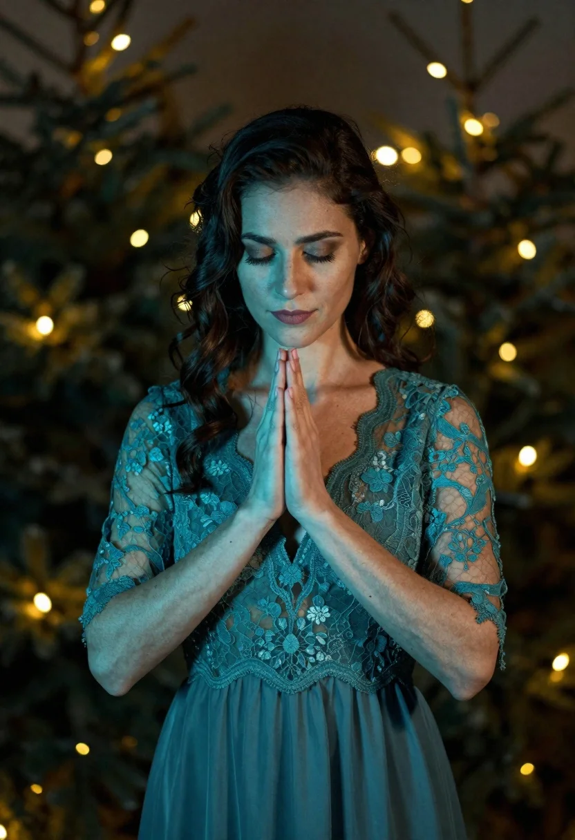 Portrait Woman With Long Dark Wavy Hair And Closed Eyes