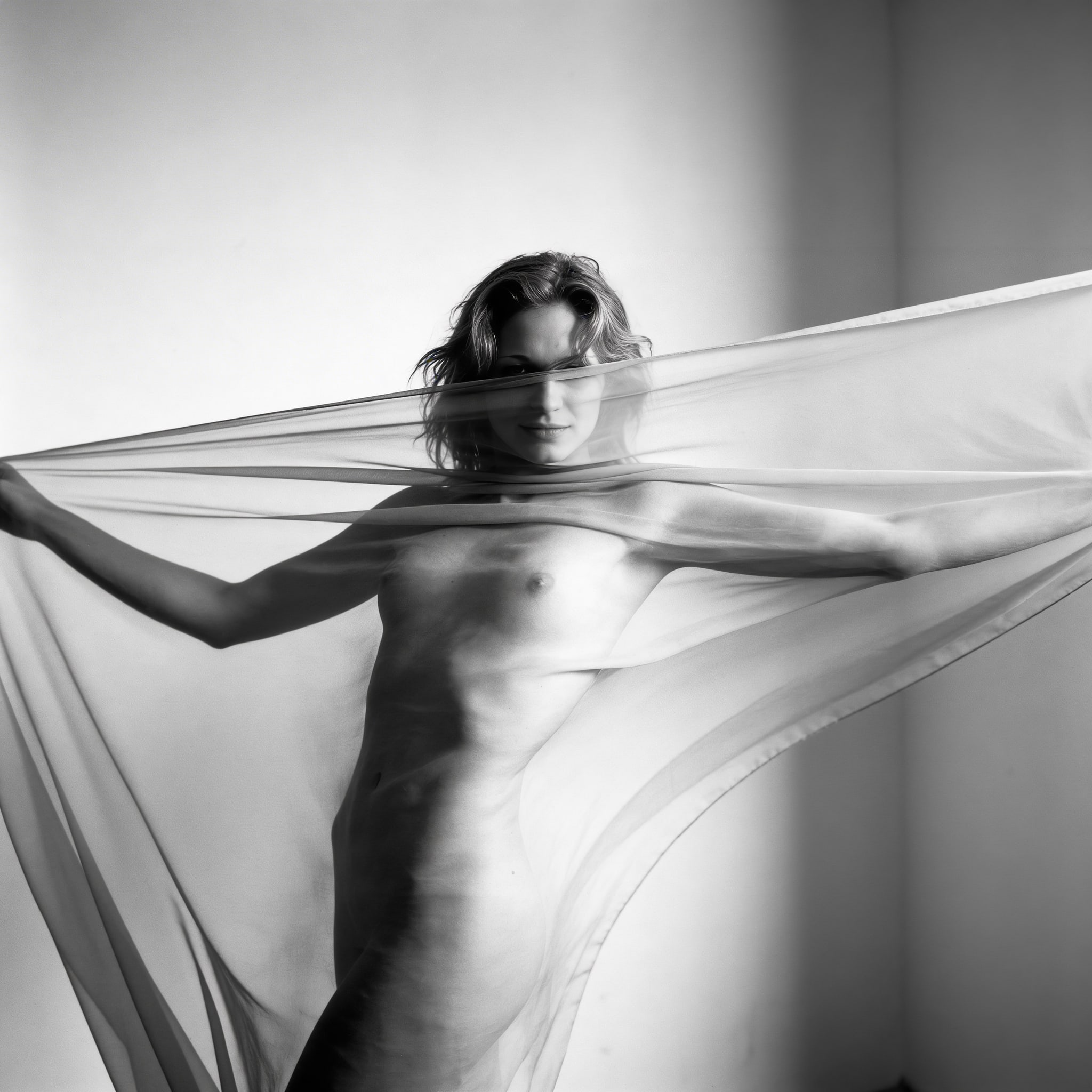 A nude woman gracefully draped in flowing sheer fabric, creating an abstract silhouette against a pale background.
