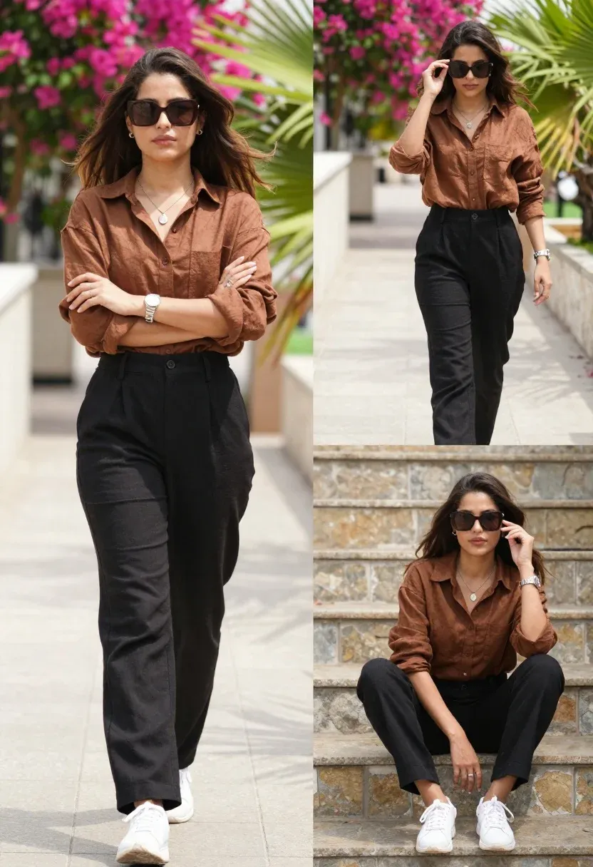 Sunglasses And Necklace And Rings And Watch With Brown Shirt