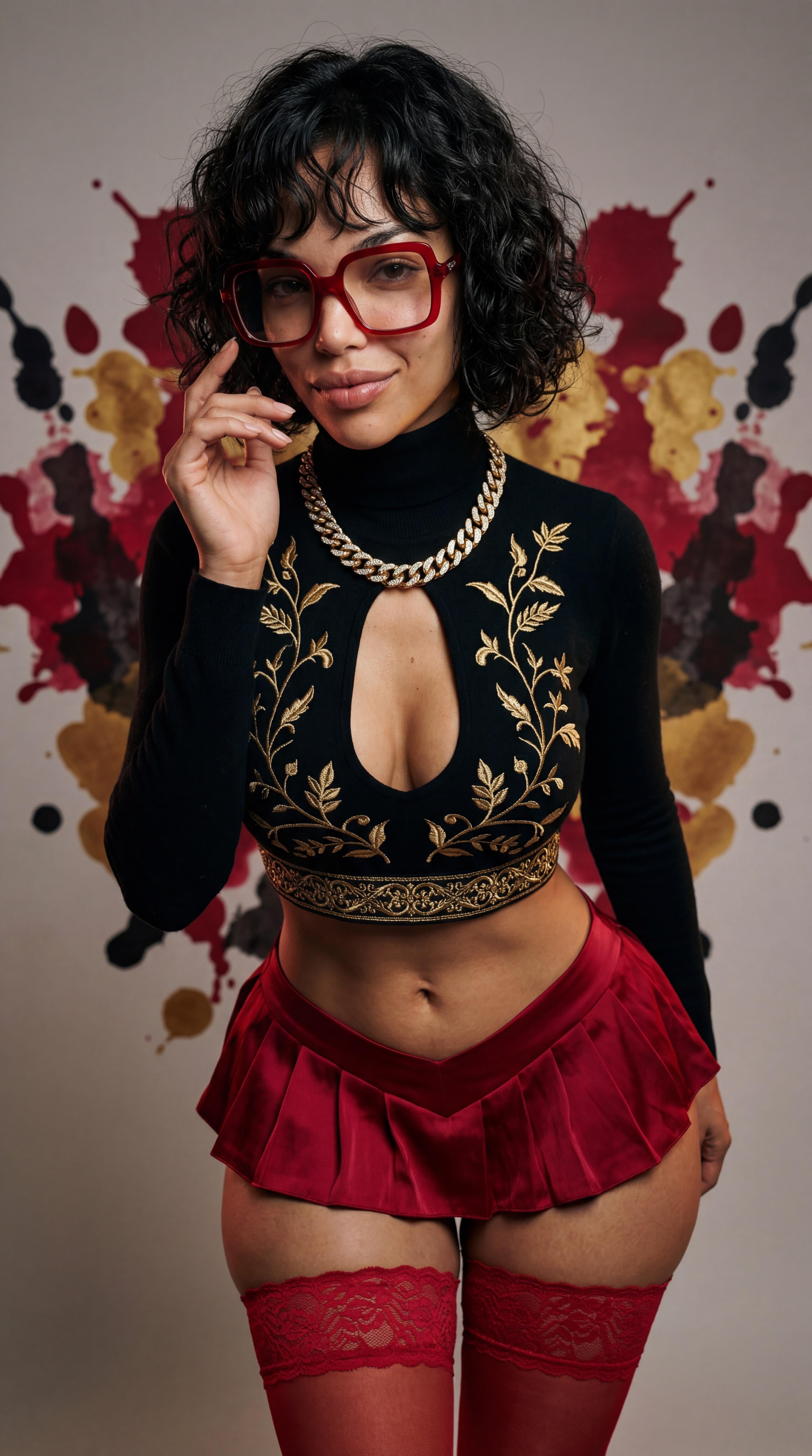 A medium shot studio portrait of a person in oversized red glasses, wearing a black crop top with gold embroidery and a deep red satin miniskirt.