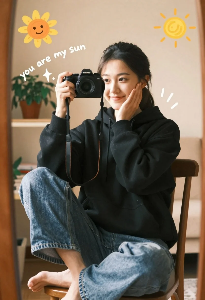 A young woman sits on a wooden chair in a warm room, holding a black DSLR camera up to her eye with sunlit highlights.