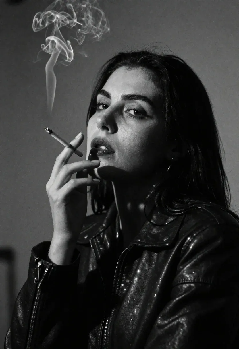 Cinematic Black And White Portrait Woman With Long Dark Hair