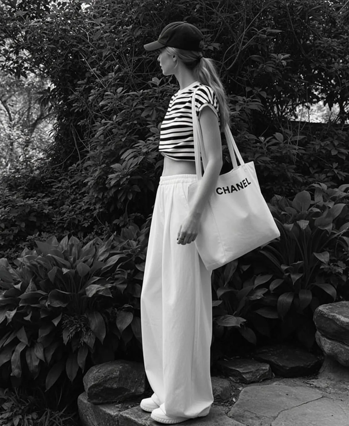 Full-body Medium Shot Black And White Photograph Captures Young Woman