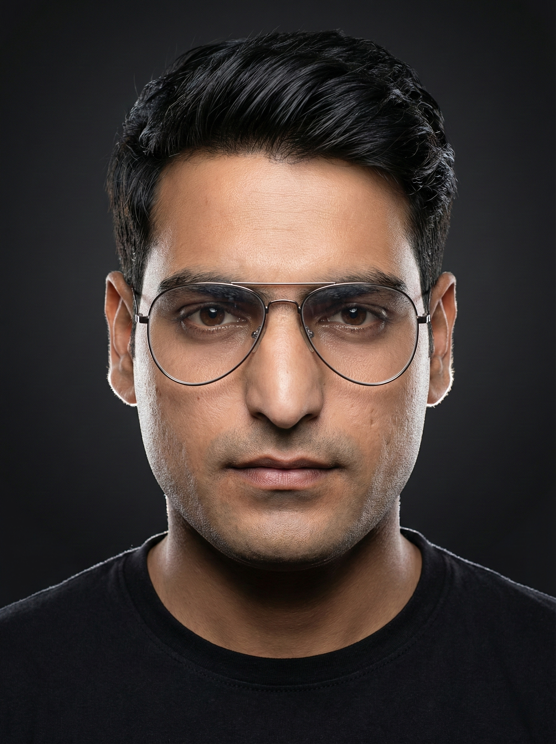 Ultra-realistic cinematic close-up portrait of a man wearing an aviator eyeglass and premium tee, softly lit with dark gradient background.