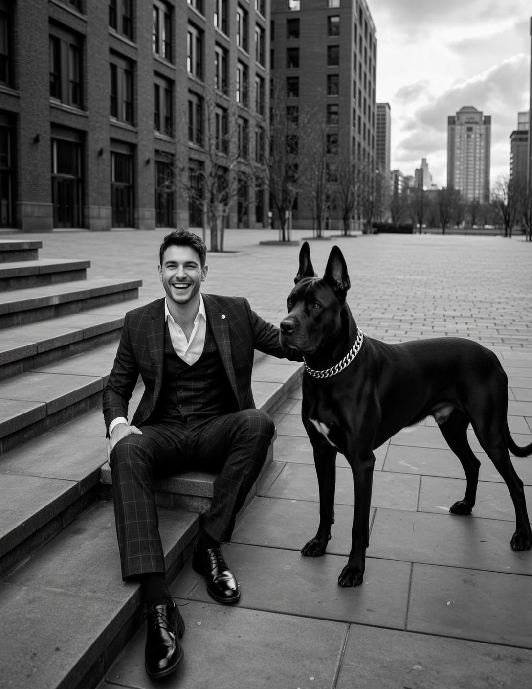 Plaid Suit Dog On Steps
