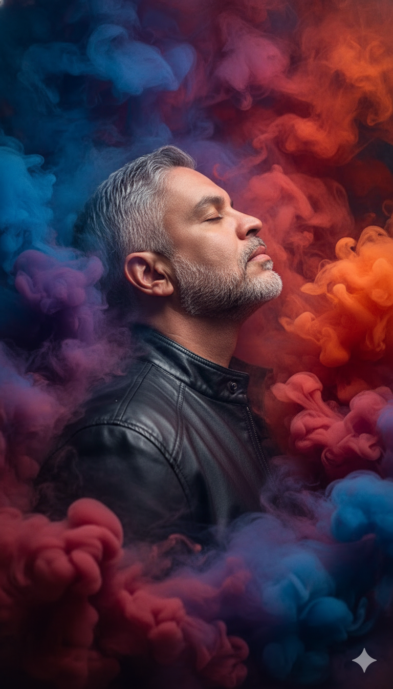 A photorealistic profile portrait of a man in a black leather jacket amidst vibrant blue, purple, orange, and red smoke.