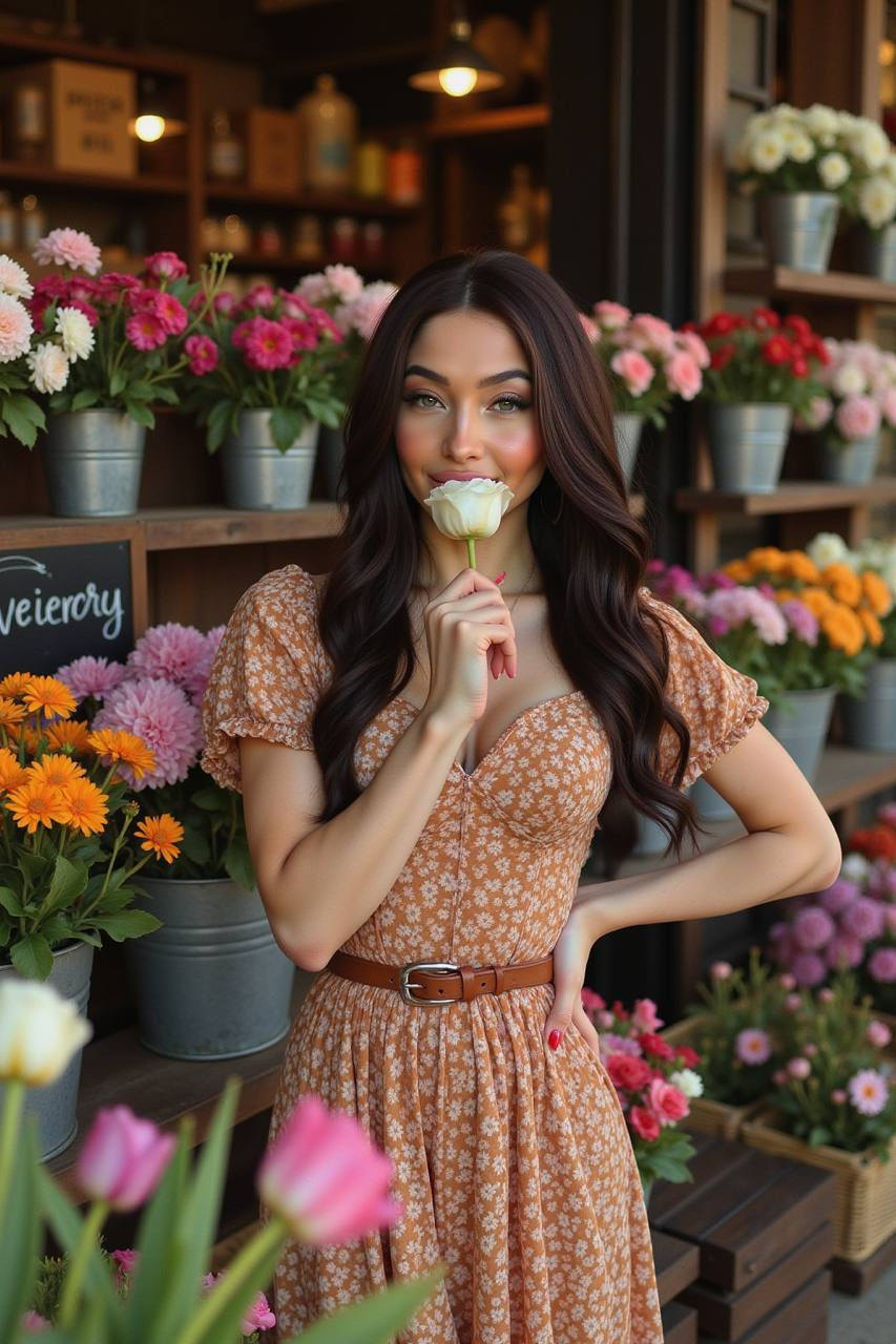 A woman in a vintage patterned dress stands in front of a flower shop filled with vibrant tulips and roses, holding a rose close to her lips.