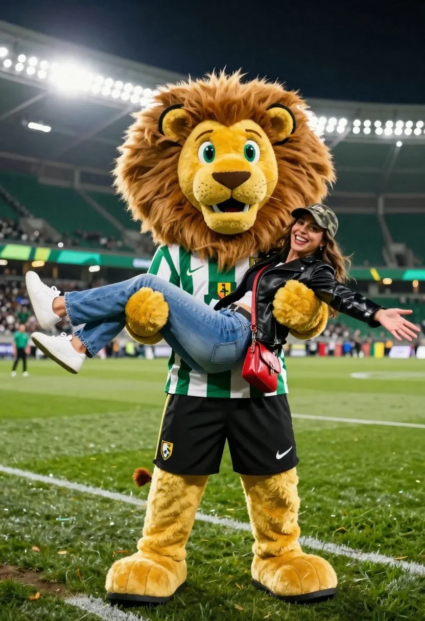 Large Yellow Lion Mascot With Green Eyes And Fluffy Mane reference photo