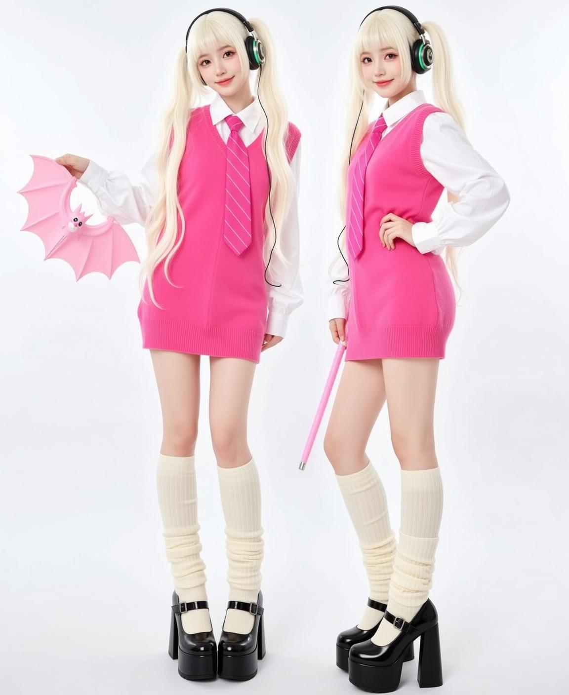 White Collared Shirt Pink Sleeveless Sweater Dress Soft Studio Lighting