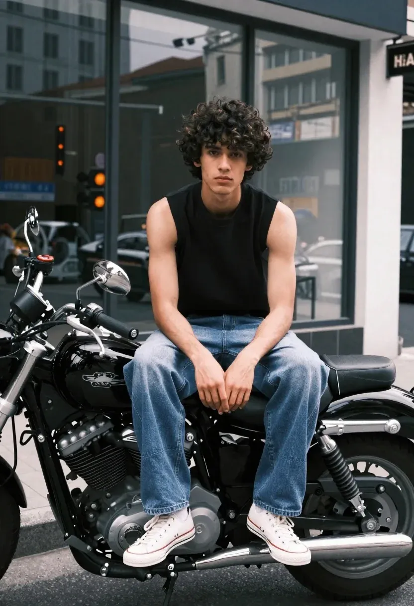 Young Man Sits Casually Black Cruiser Motorcycle Parked Front City