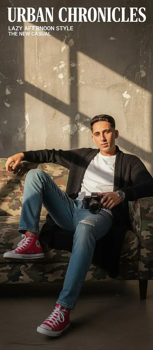 Photography Magazine Cover Tilt Shot Male Model Lounging Worn Camouflage