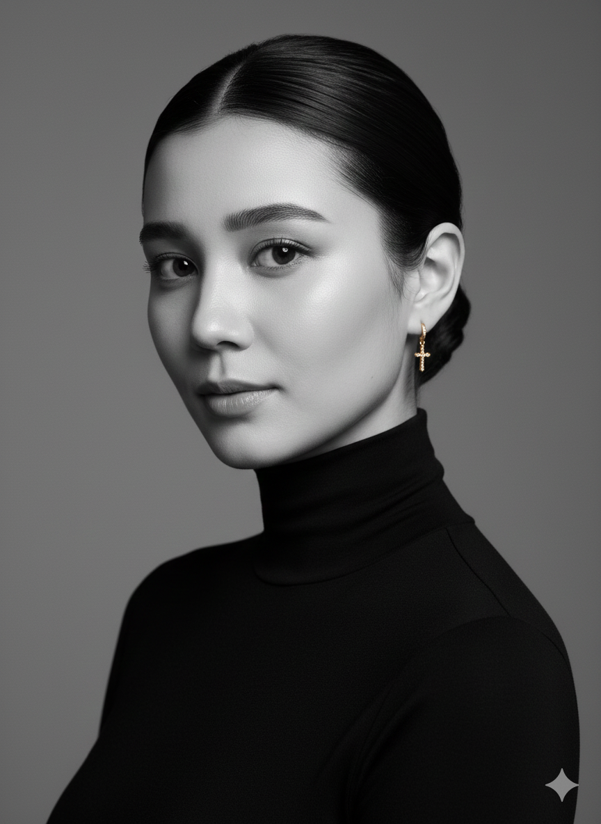 Ultra-realistic luxury black and white fashion portrait featuring a calm model with porcelain skin wearing a turtleneck.