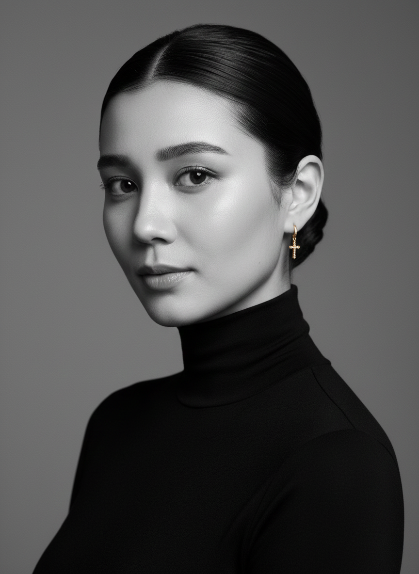 Ultra-realistic luxury black and white fashion portrait featuring a calm model with porcelain skin wearing a turtleneck.