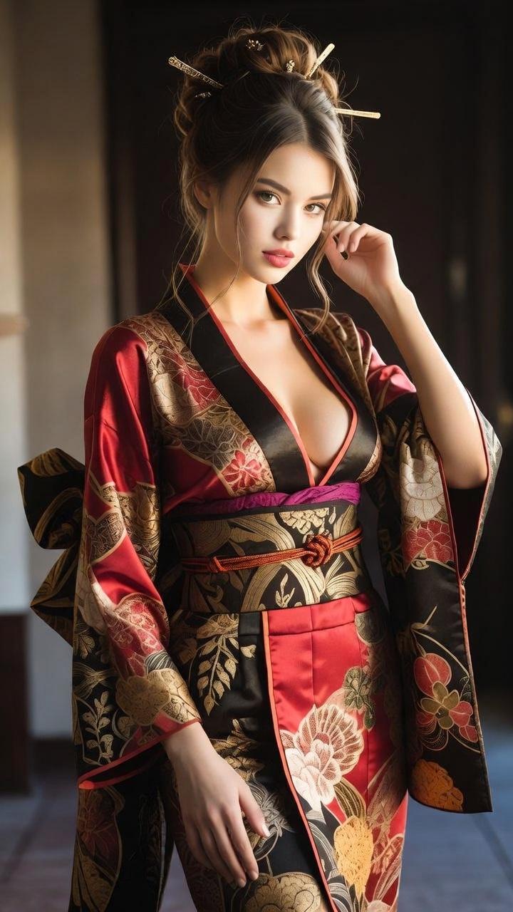 Luxurious Kimono With Ornate Obi Belt Soft Lighting