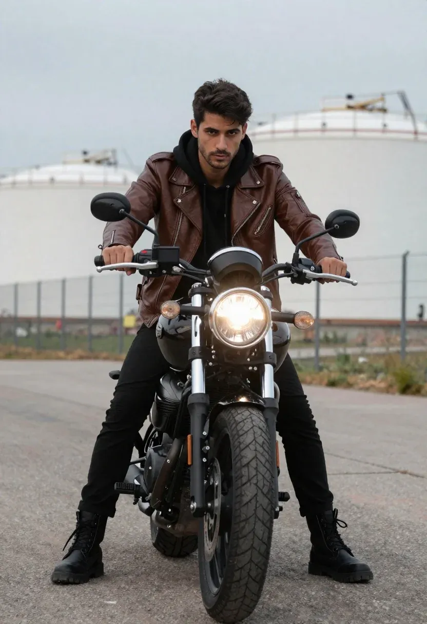Cinematic Shot Confident Young Man Sitting Black Motorcycle With The