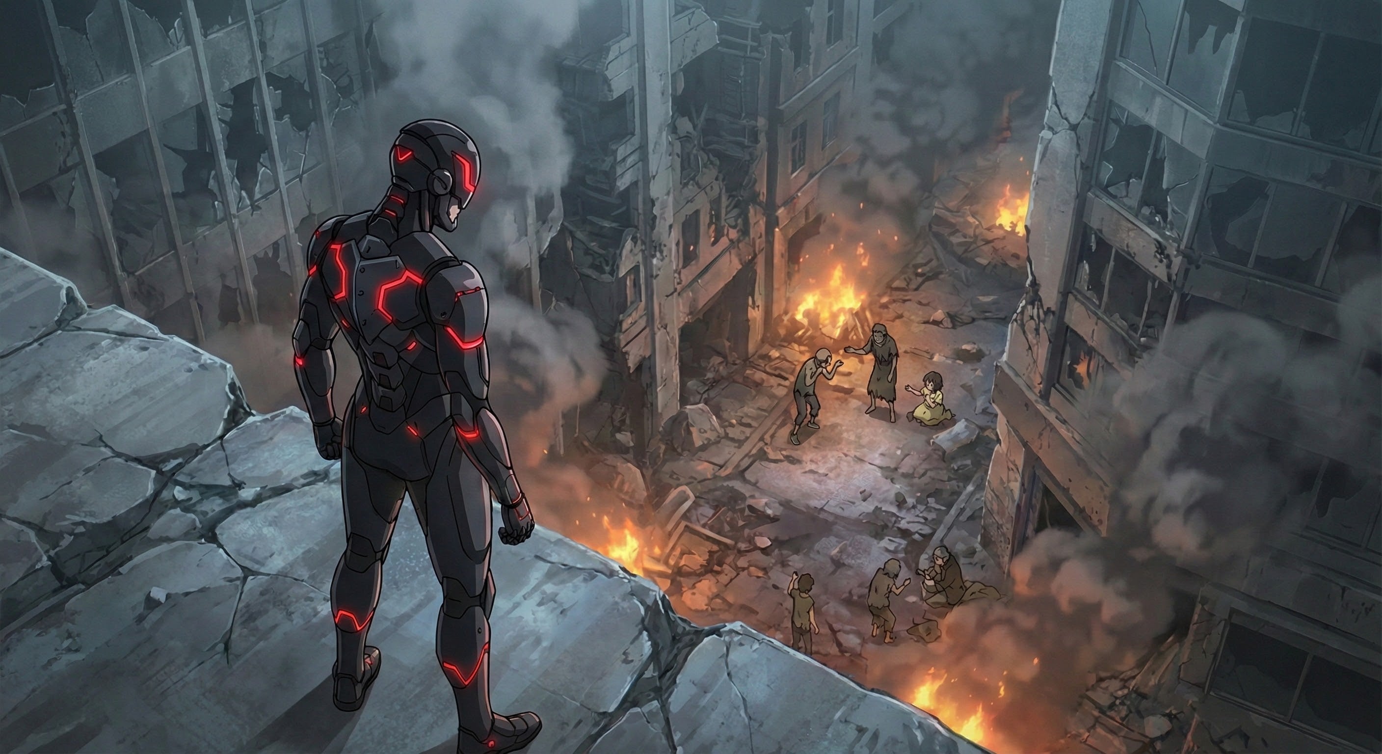 Anime Armored Figure On Rooftop Overlooking Urban Survivors