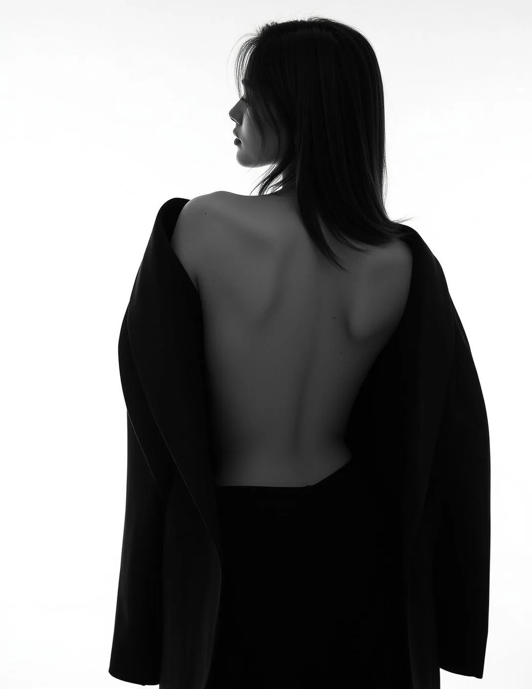 Photorealistic Medium Shot Black And White Portrait Young Woman From