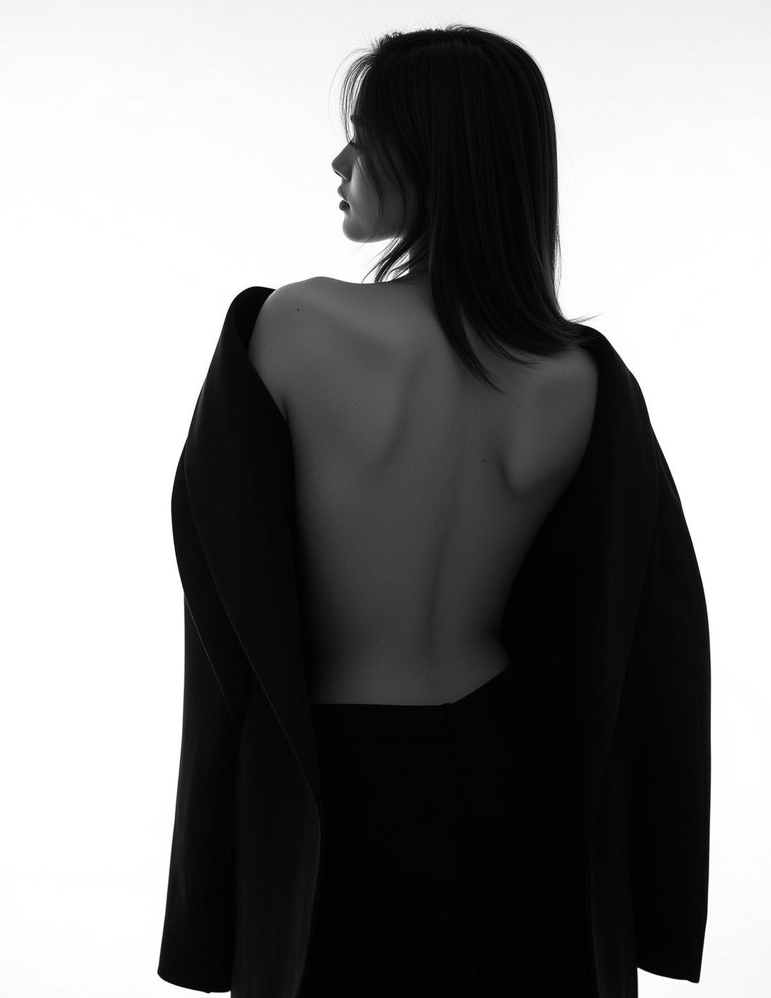 Photorealistic Medium Shot Black And White Portrait Young Woman From