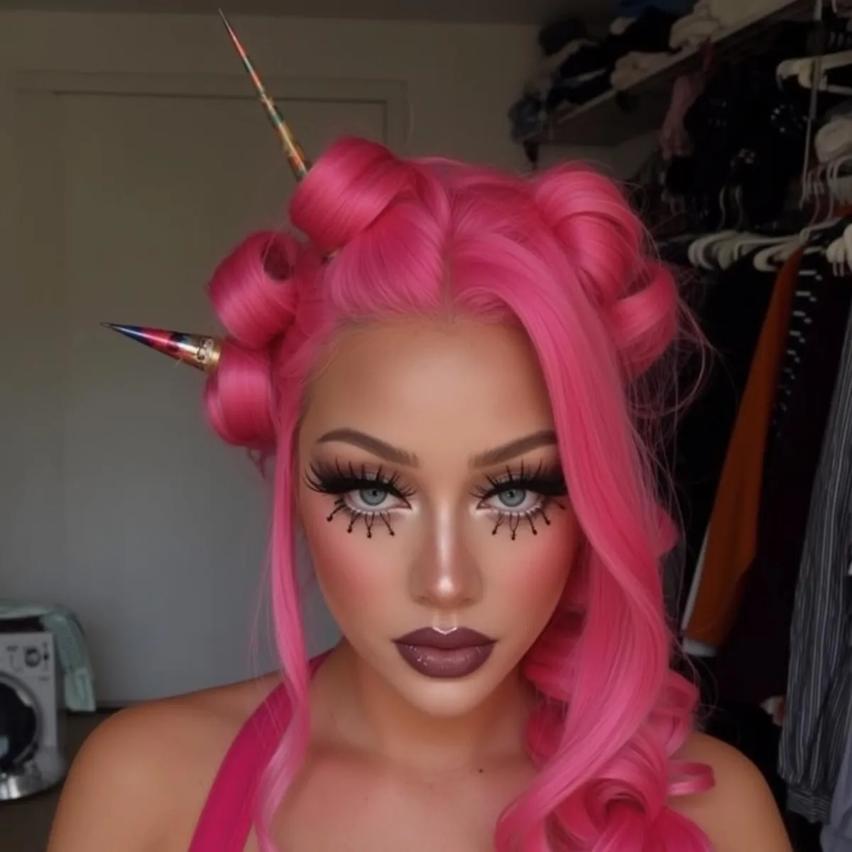 Makeup And False Lashes With Bright Pink Sleeveless Top