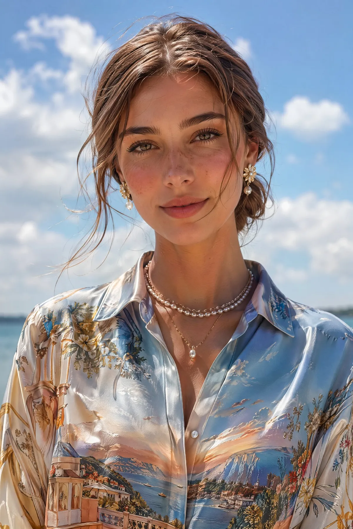 Outdoors Silk Shirt Gold Earrings Pearl Necklaces