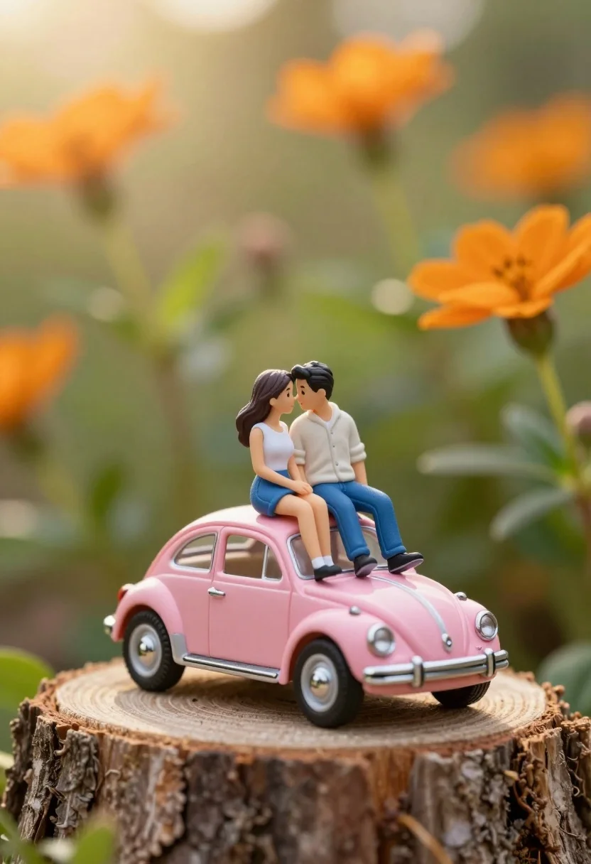 A miniature pink Volkswagen Beetle on a tree stump surrounded by warm afternoon light, with tiny figures posed on its roof.