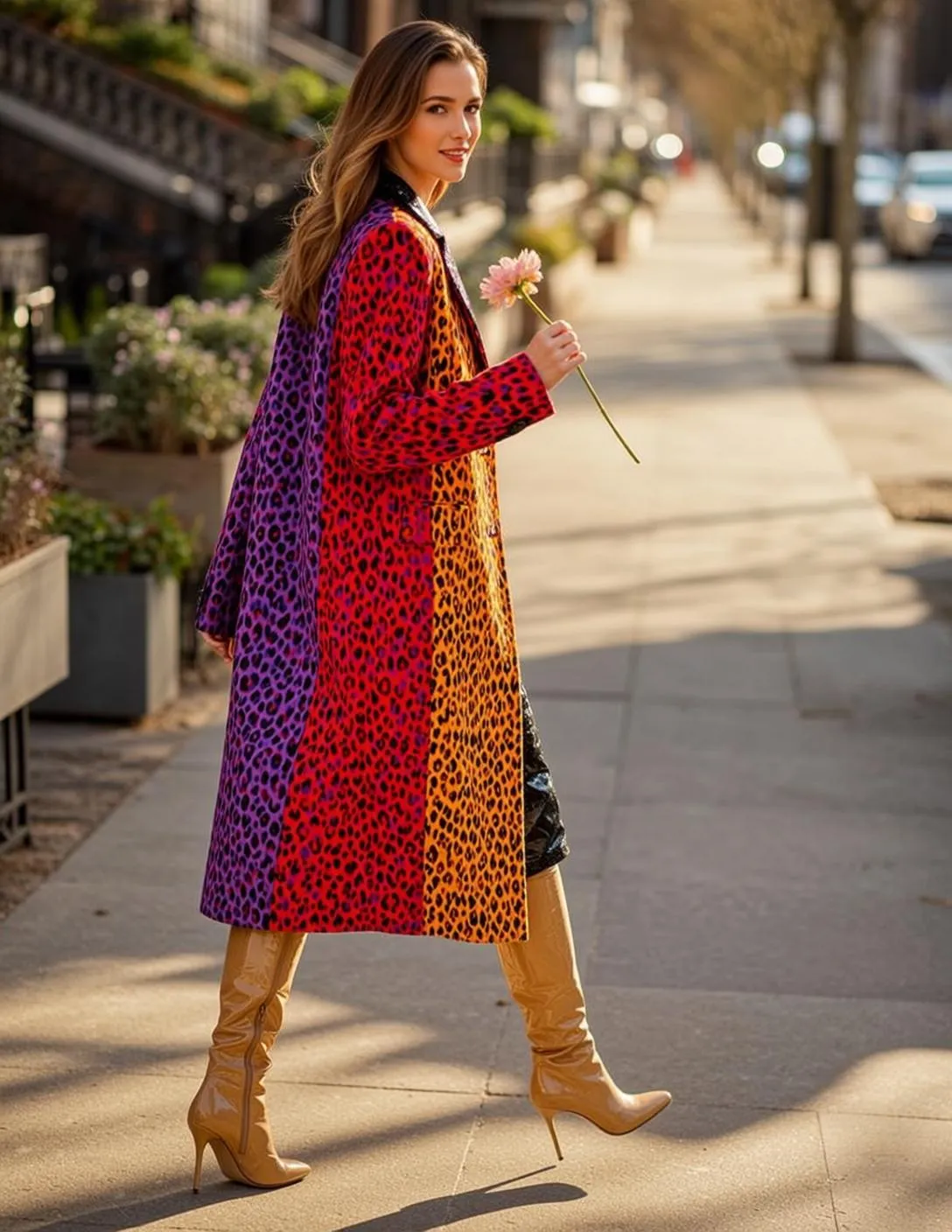 Leopard Print Coat Woman Looking Back Pink Flower