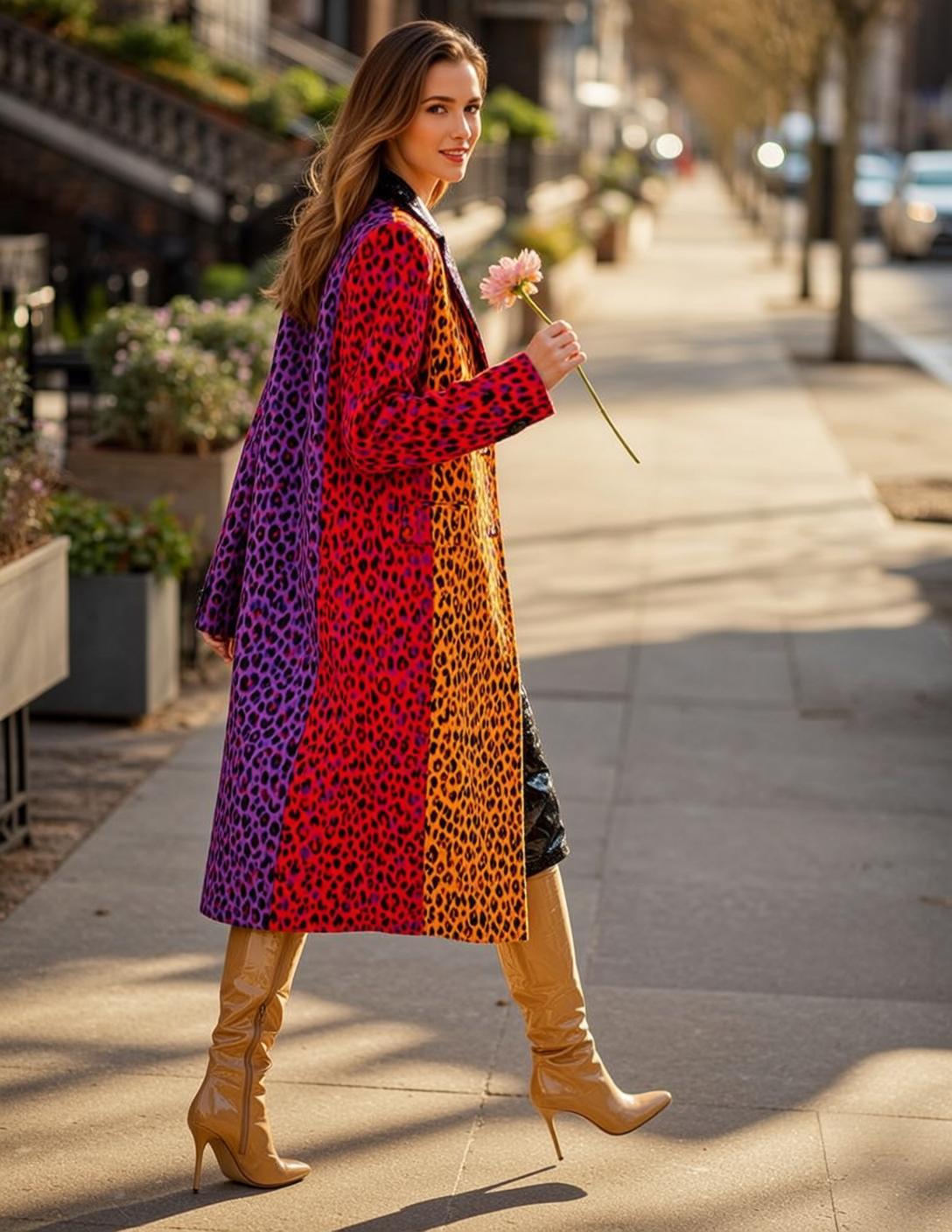 Leopard Print Coat Woman Looking Back Pink Flower