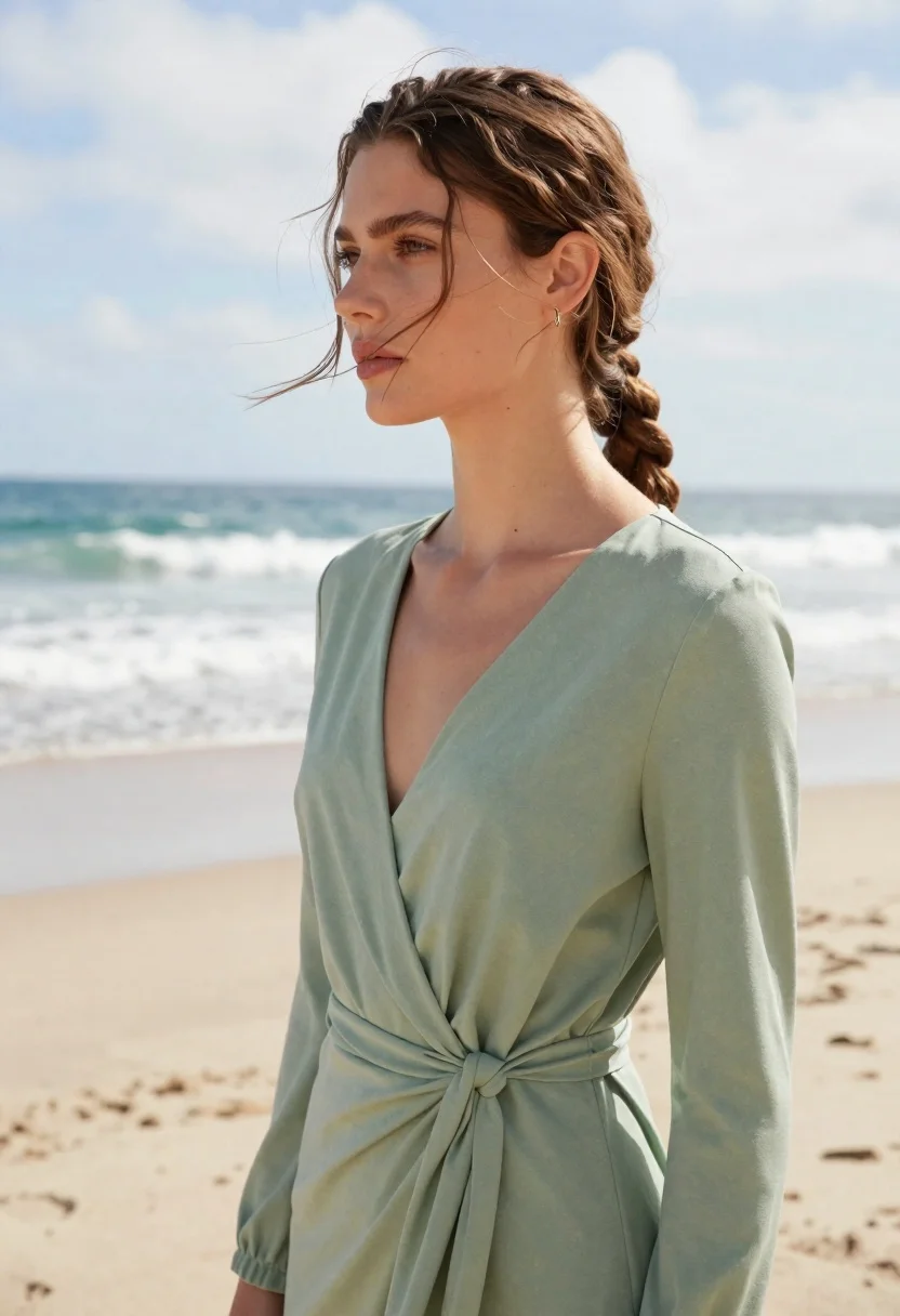 Woman Stands Profile Against Bright Beach Backdrop With The Ocean