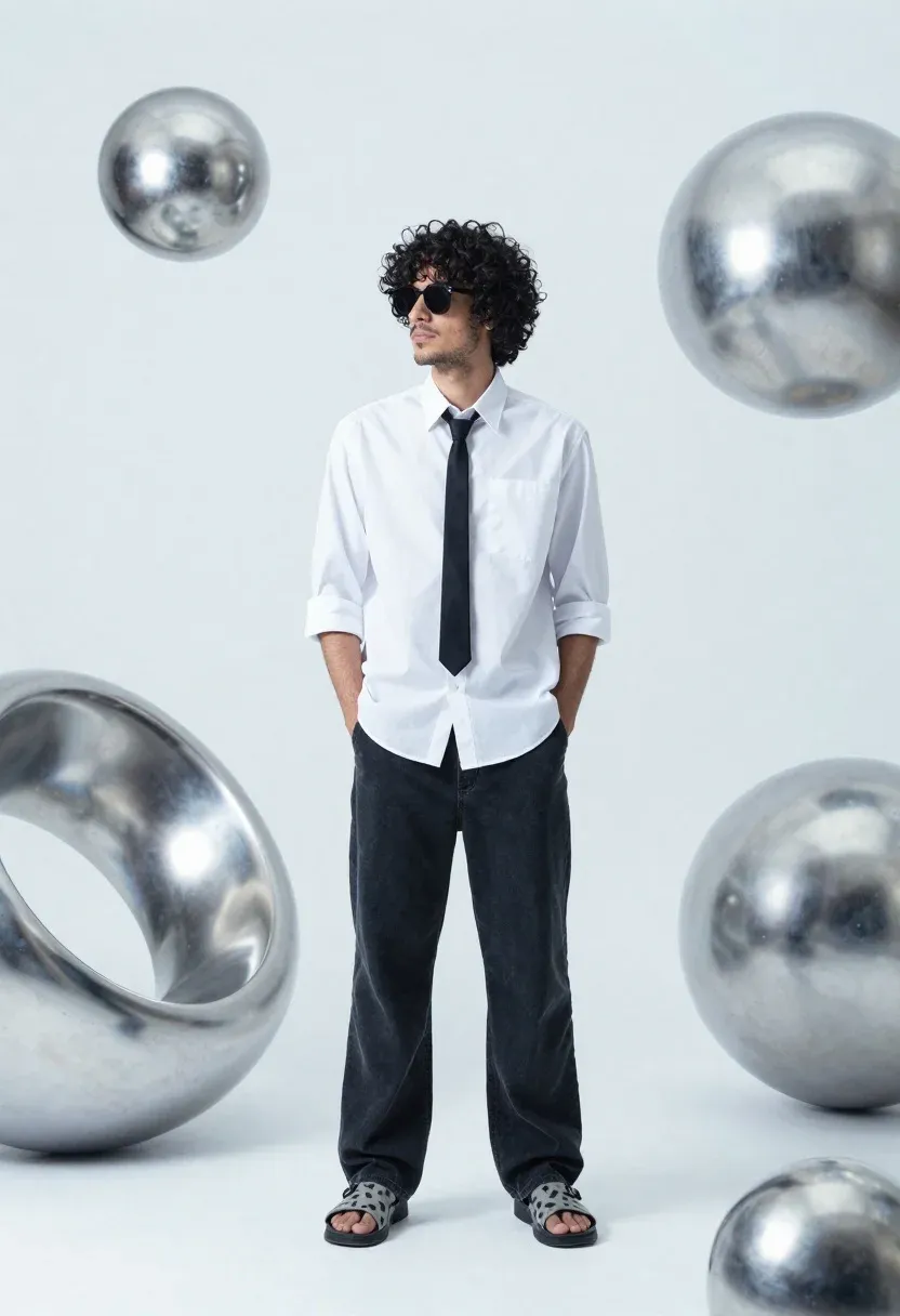 Man With Curly Dark Hair Stands Confidently Minimalist Studio Setting