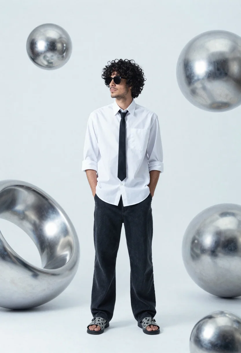 A confident man with curly dark hair stands in a minimalist studio setting surrounded by large metallic sculptures and floating spheres.