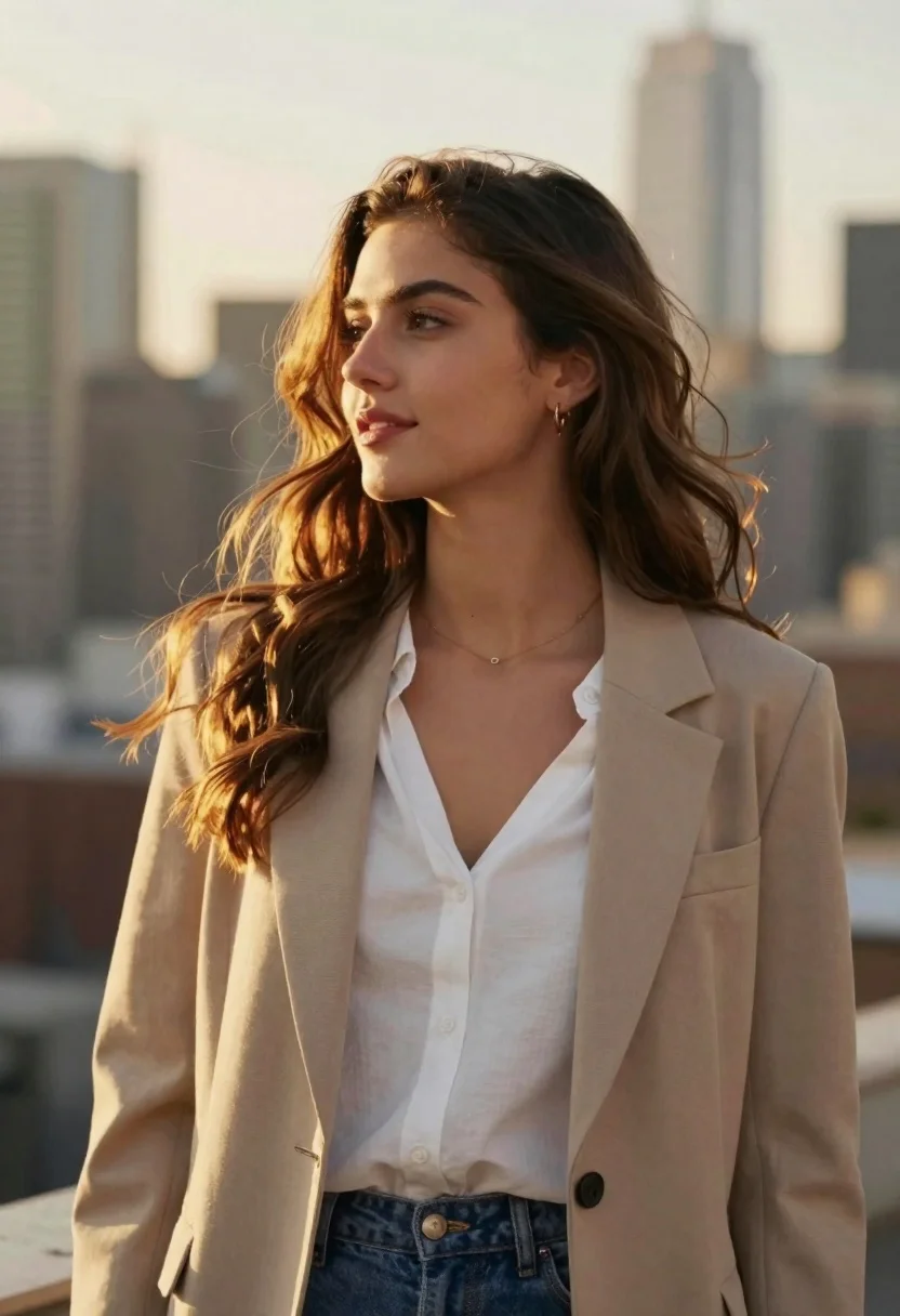 Golden Hour Portrait Young Woman Standing Against Soft-focus City Skyline reference photo