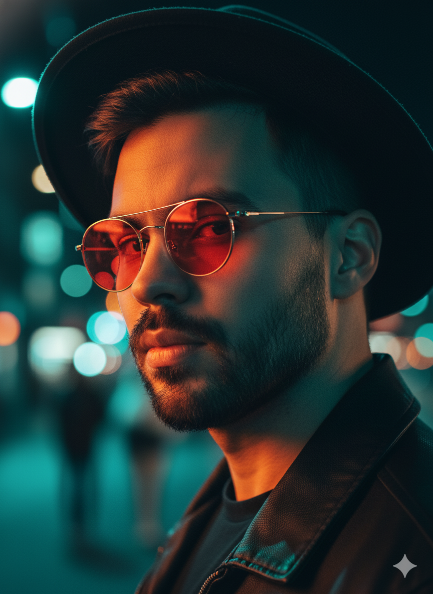 Hiper realista retrato noturno de homem asiático com óculos vermelhos e chapéu preto, iluminado em teal e laranja.