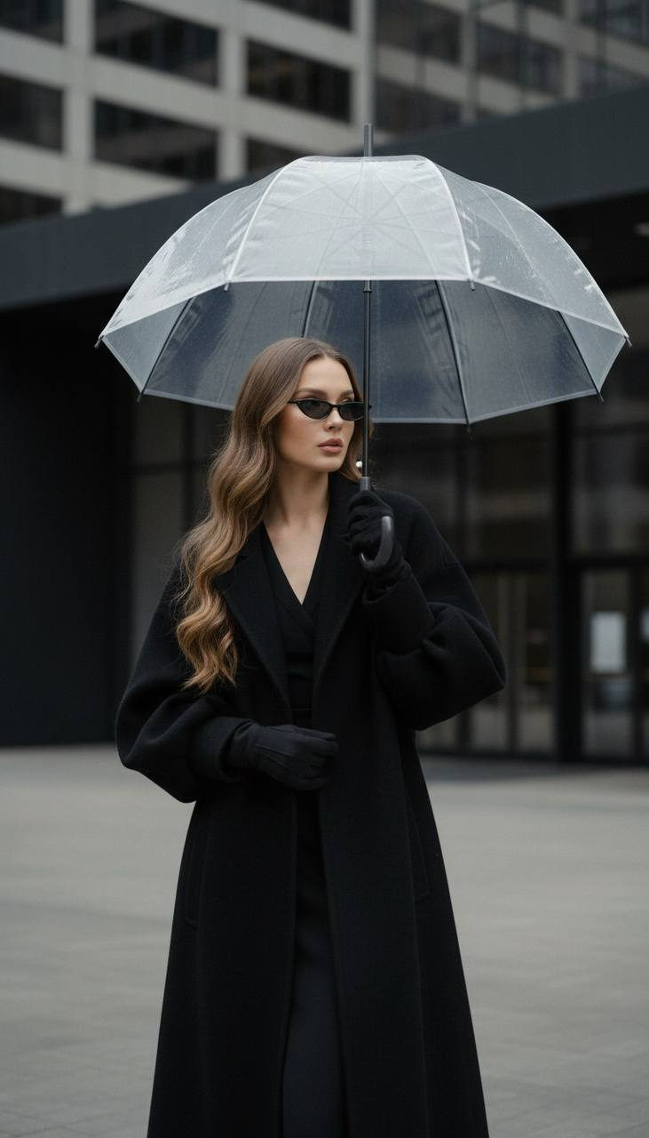 An elegant woman in a wool coat and sunglasses, holding an umbrella against a blurred urban skyline.
