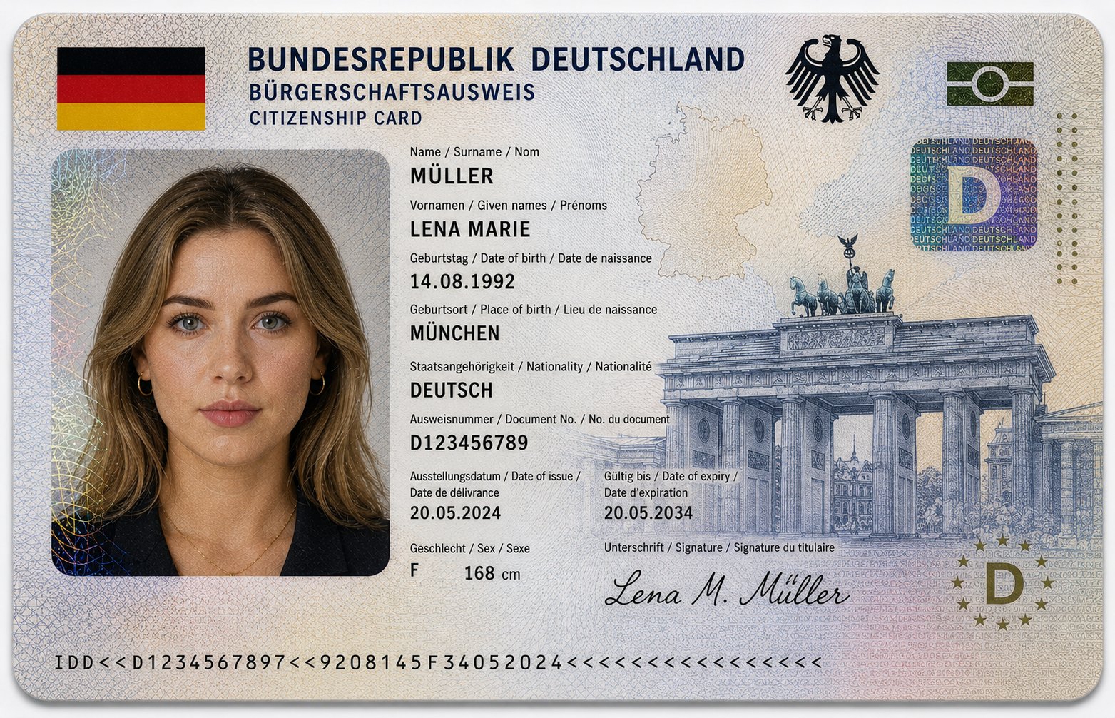 A photorealistic portrayal of a German citizenship card featuring a portrait, text fields, and the Brandenburg Gate illustration.