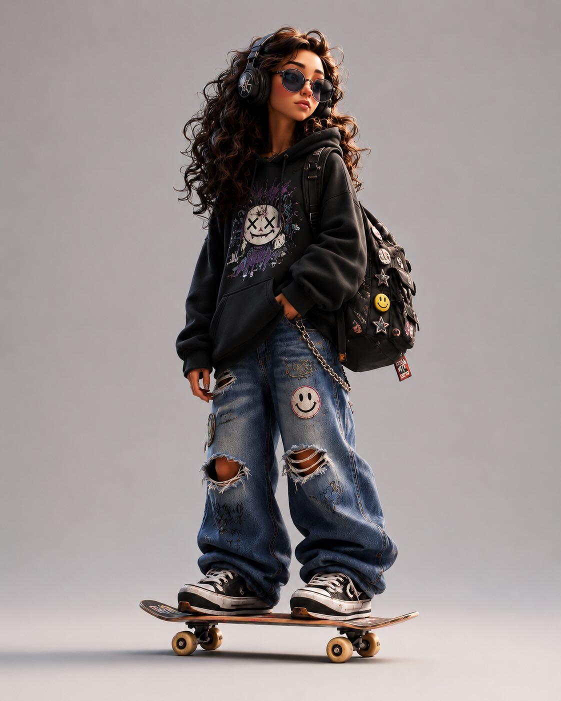 Stylized 3D cartoon character wearing oversized hoodie, baggy jeans, and chunky sneakers, casually standing on a skateboard.