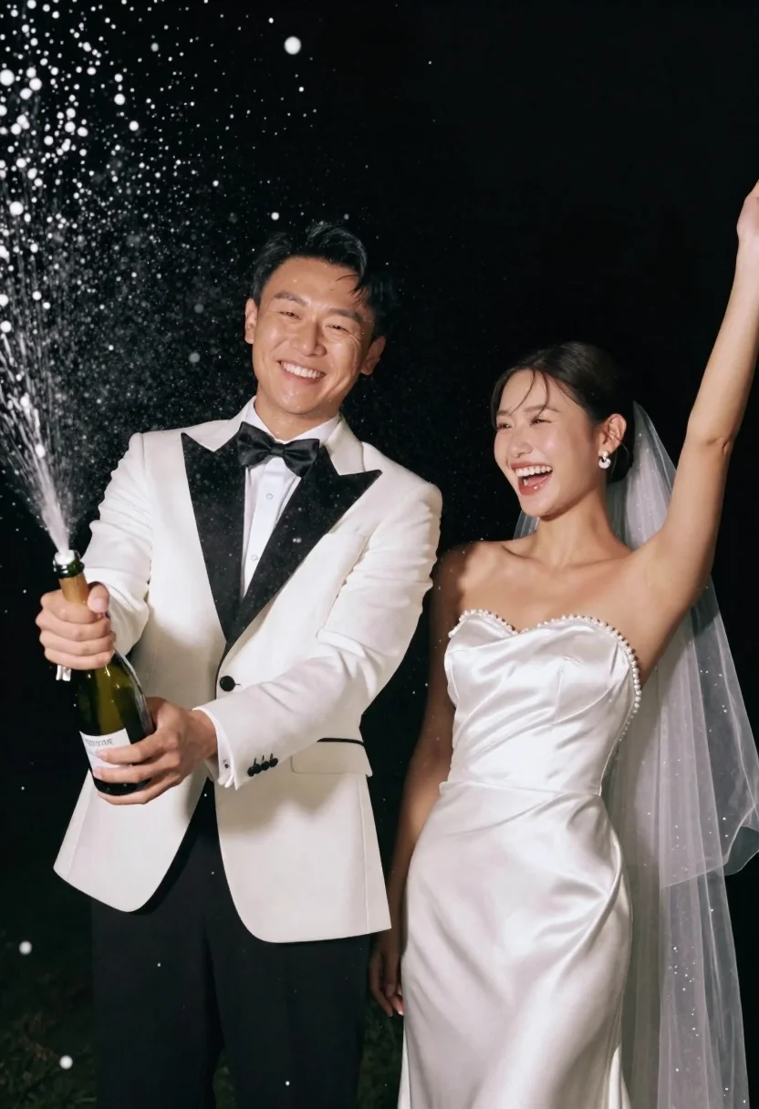 Joyful couple celebrating their wedding as champagne sprays into the air, smiles and happiness filling the scene.