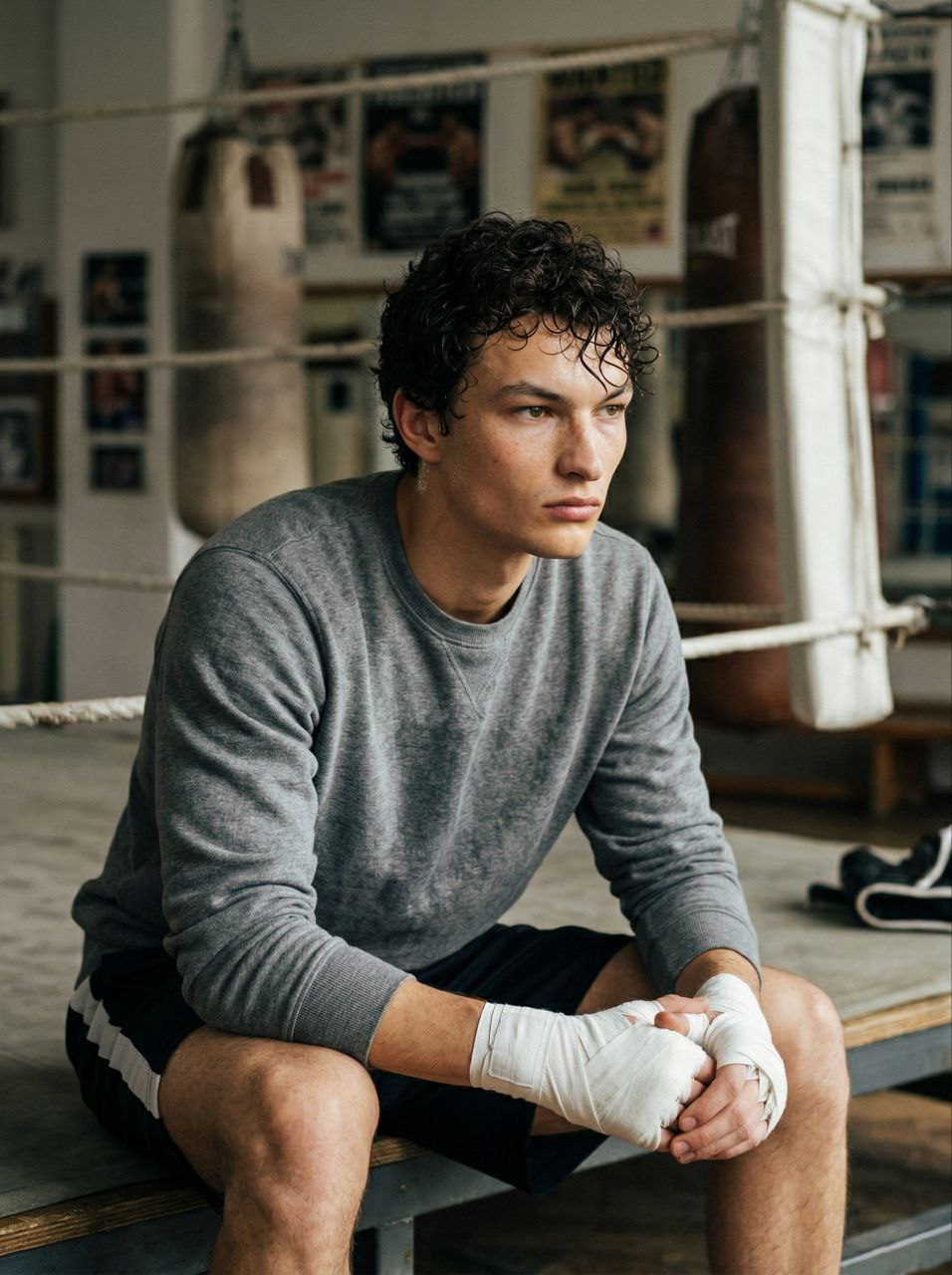 A man with dark brown hair, looking serious in a vintage boxing gym, wearing a gray sweatshirt and black shorts with exposed boxing hand wraps.