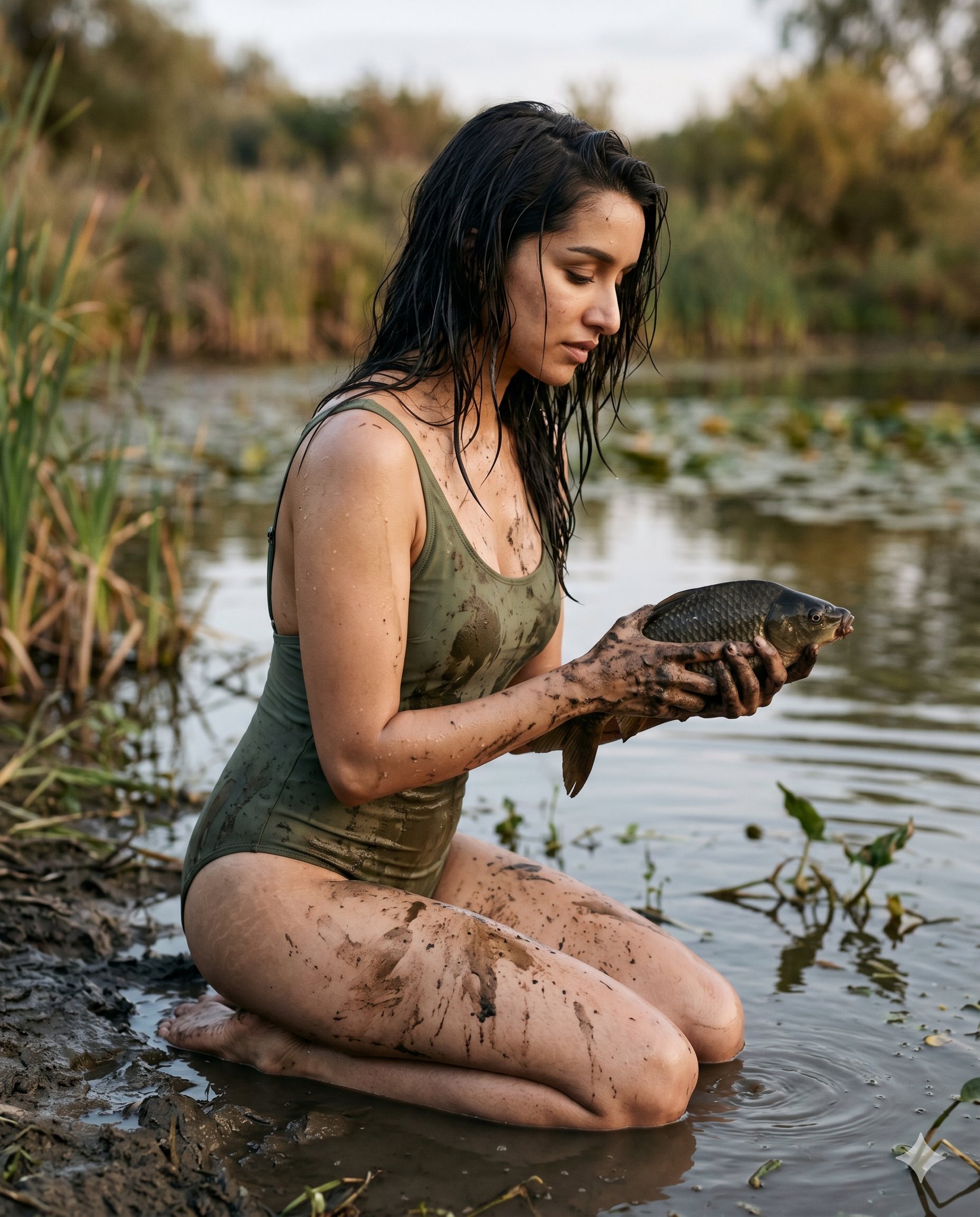 Muddy Pond Kneeling Olive Swimsuit Holding Fish