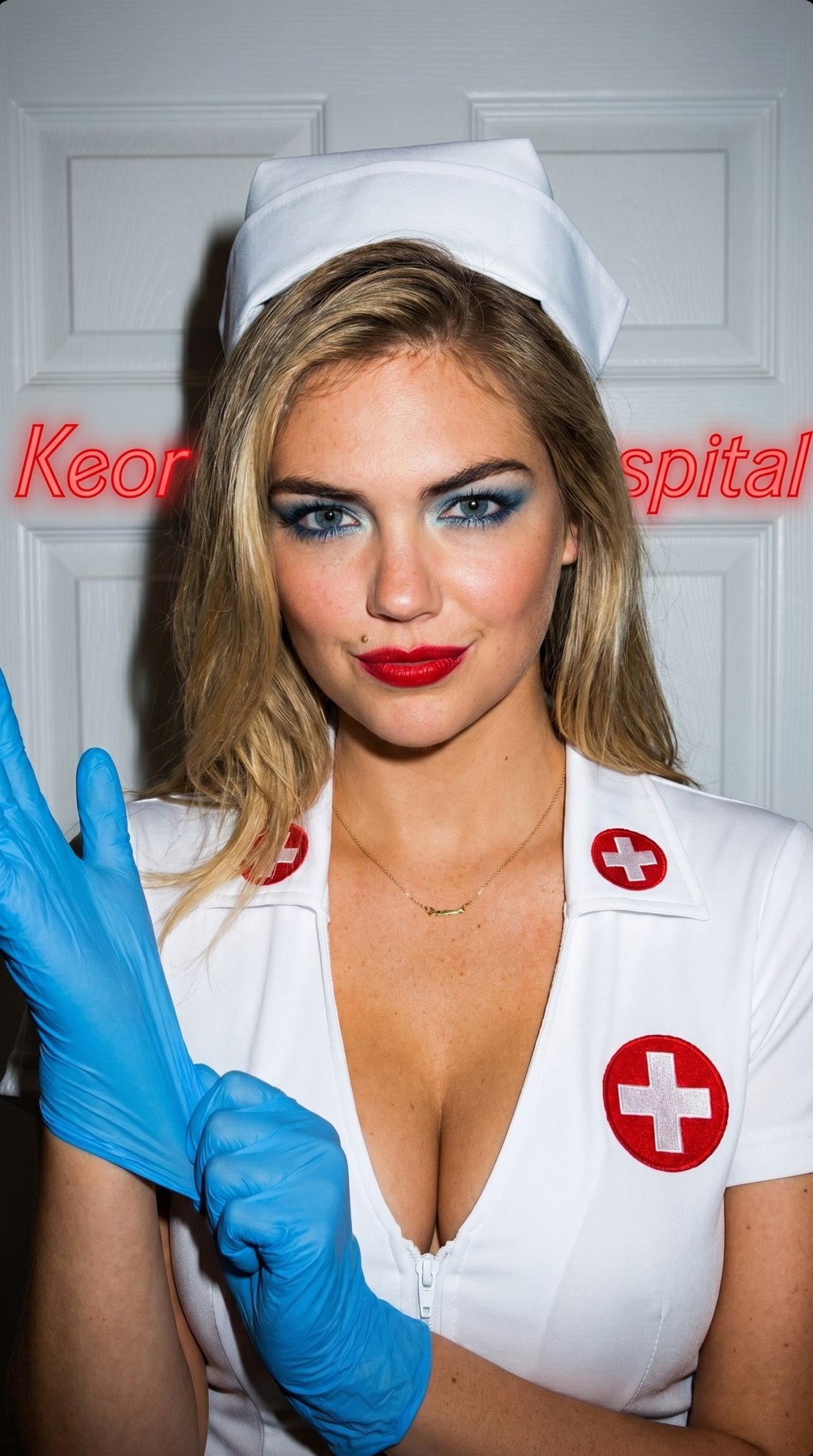 Bright Blue Nitrile Medical Gloves In Classic Nurse Costume