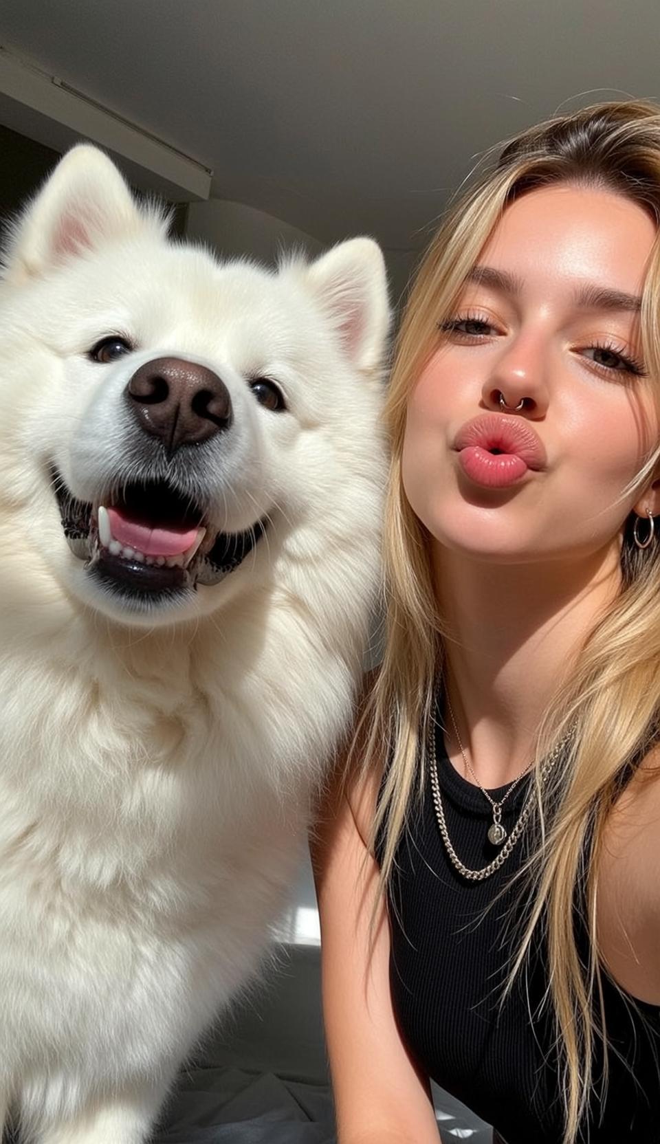 Explore Taking Selfie Fluffy White Dog Both