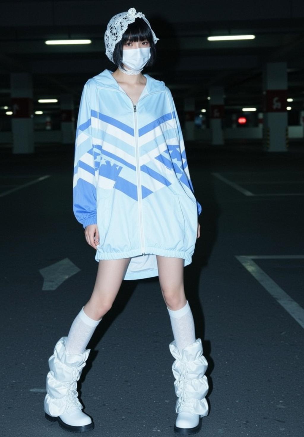 White Lace Headscarf Light Blue And Dark Parking Garage Asphalt