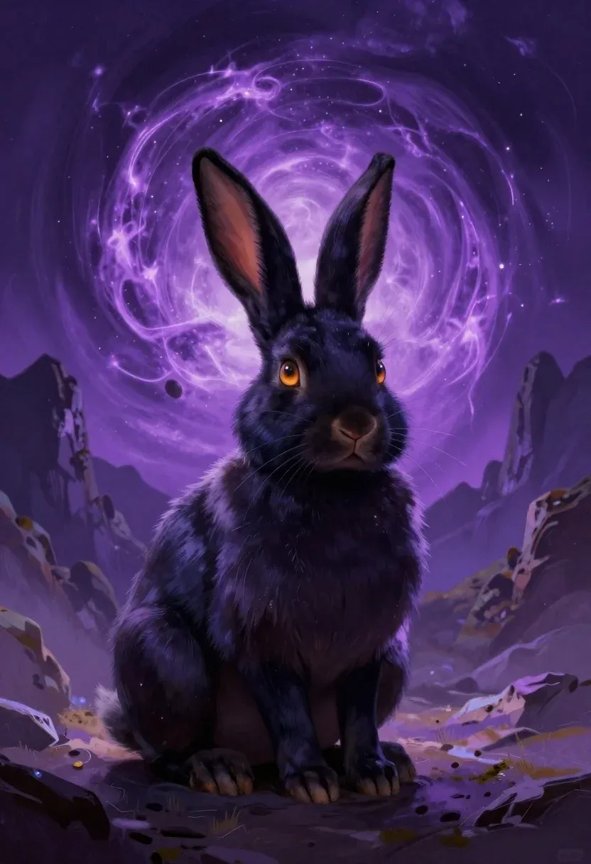 Digital Painting Mystical Black Rabbit Sitting The Center Alien Landscape