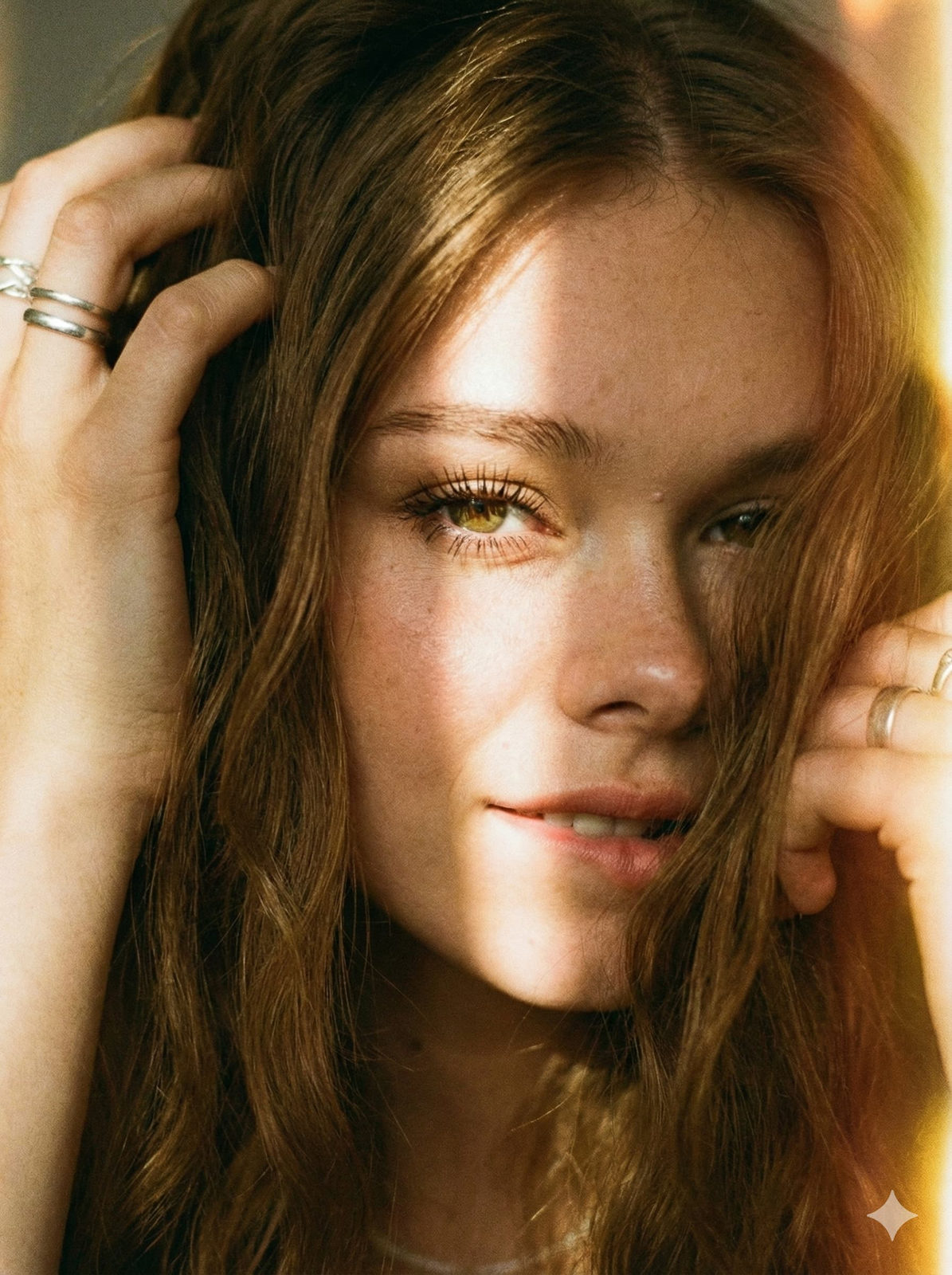 Ultra-realistic close-up portrait of a woman with striking feminine features and beautiful body, illuminated by sunlight.