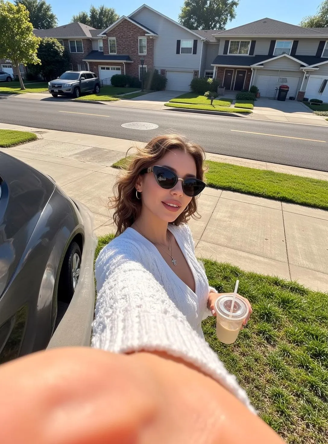 Sunglasses Makeup Earrings Necklace And Nails In Coffee Portrait